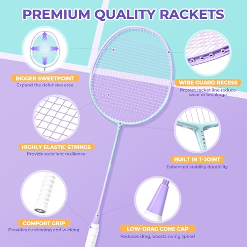 Image of HIRALIY Badminton Rackets Set for Backyards, Badminton Set, Includ 2 /4 Rackets, 6 /12 Birdies, 1 Carrying Bag, Outdoor Game for Adult Family Beginner