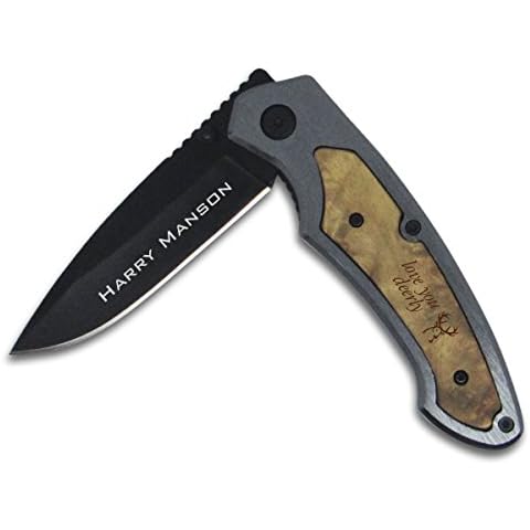 Personalized Pocket Knife With Wood Handle Laser Engraved with Buck Design & Personalized Text Cover
