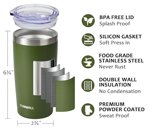 Image of SUNWILL Travel Coffee Tumbler 20 oz, Insulated Mug with Lid, Stainless Steel Cup for Outdoor, Powder Coated Olive
