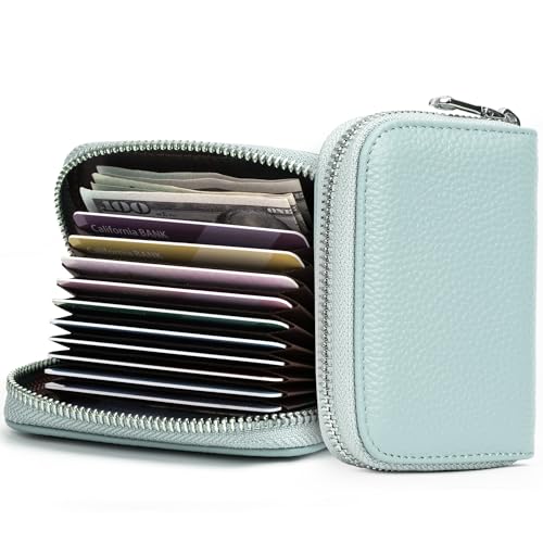 Genuine Leather RFID Blocking Credit Card Wallet, Zipper Card Cases Holder for Men Women, KeyChain Wallet, green