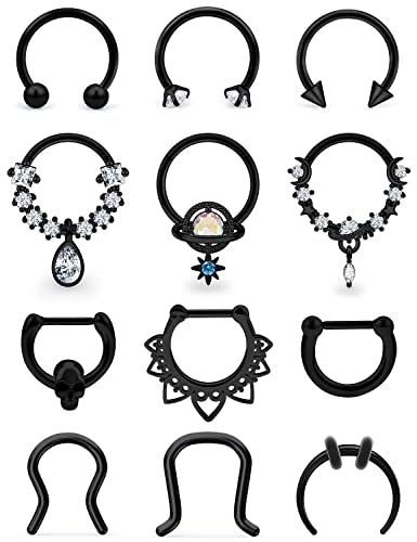 Vsnnsns 16G Septum Rings Piercing Jewelry 316L Stainless Surgical Steel Skull Flower Dangle Clicker Horseshoe Septum Nose Rings Hoop Piercing Jewelry for Women Men Silver Black Rose Gold 10mm