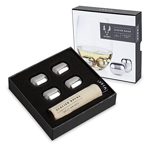 Viski Glacier Rocks Stainless Steel Reusable Drinks, Whiskey, Bourbon, Scotch, Metal Ice Cubes, Cocktail Accessories, Set of 4, Silver