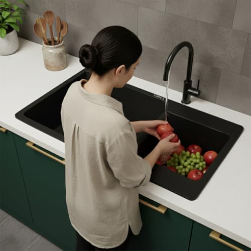 Image of EVANEX Quartz Kitchen Sink|Double Bowl Sink for Kitchen|Topmount /Undermount Kitchen Sinks|Black Double Sink with Connector, Waste Pipe, Coupling and Drain Basket|34x20x9 Granite Kitchen Sinks