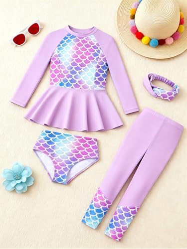 Image of GRACE KARIN Girls Long Sleeve Swimsuit Mermaid Bathing Suit Rash Guard Swimwear 4 Piece Size 5-12