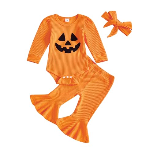 Image of Socutebabe My First Halloween Baby Girl Outfit Newborn Pumpkin Onesie Bell Bottoms Infant 1st Halloween Clothes Costume Sets