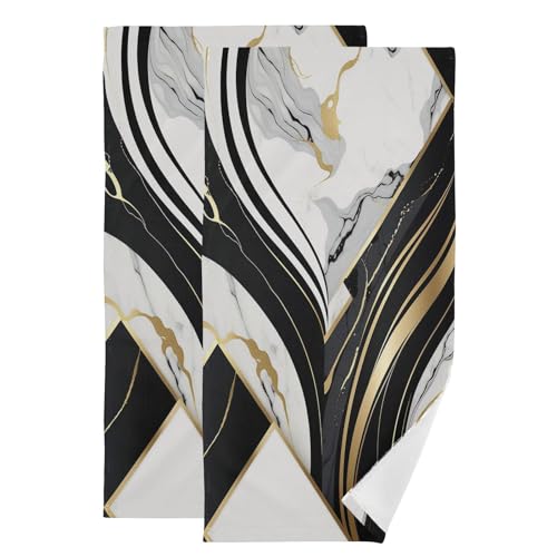 KENADVI Black and White Hand Towels for Bathroom Set of 2 Soft Absorbent Marble Gold Texture Stone Abstract Modern Kitchen Towels,Decorative Bathroom Towels for Bath Guest Spa Face Hair Gym 14"x28"