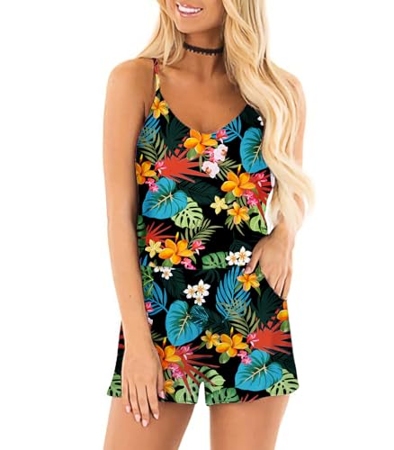 RAISEVERN Womens Hawaiian Romper Summer Flowers Casual Cute Short Jumpsuit