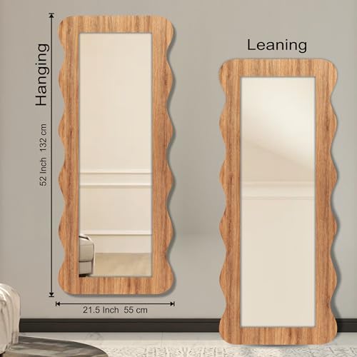 Image of Creative Arts n Frames 22 x 52 inch Full Length Dressing Chevel Long MDF Wood Zigzag Curvy Irregular Shape Framed HD Mirror Home Decor Items (Natural Iqurel Oak Light Zigzag1 Full Length Mirror)