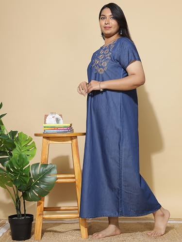 Image of 9shines Label Stylish Denim Cotton Nighty Maxi for Women | Full Length Trendy Nightgown | Premium Nightdress | Nightwear | Embroidery Nighty with Pocket (9SDS)