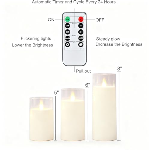 Image of Homemory Ivory Flickering Flameless Candles, Battery Operated Acrylic LED Pillar Candles with Remote Control and Timer, Set of 9