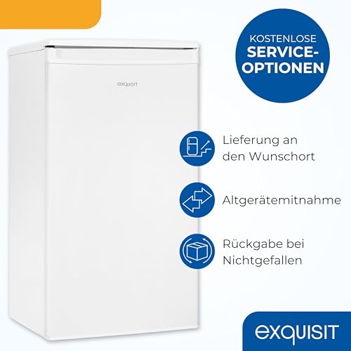 Exquisit Vollraumkühlschrank | 76 l Nutzinhalt, Energieeffizienzklasse E, 41 dB(A) | kompakt, LED-Innenbeleuchtung, manuelle Temperaturregelung, Glasablagen, Gemüseschublade | KS585-V-091E weiss