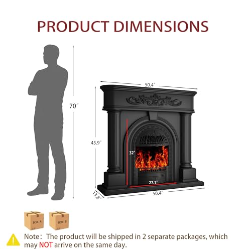 Image of Electric Fireplace with Mantel, Solid Wood Black TV Stand with Fireplace for Living Room,Black Birdcage Fire Place Heater with Roman Column Design for Bedroom
