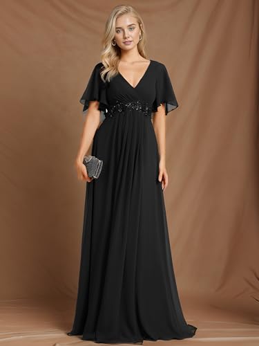 Image of Ever-Pretty Women's Spring Short Sleeve Bridesmaid Dresses V-Neck Chiffon Ruched Empire Waist Appliques Long Formal Dress