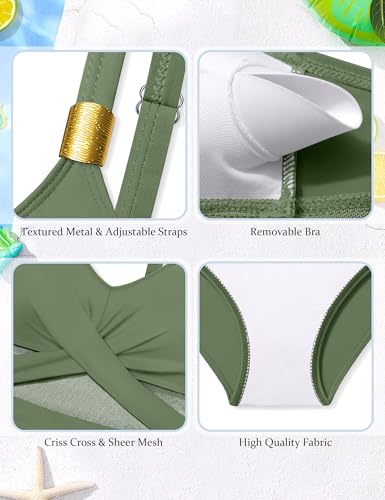 Image of Girls Swimsuit Criss Cross One Piece Swimsuits Wrap Tie Back Sheer Mesh Bathing Suit with Gold Metal Swimwear 9-16Y
