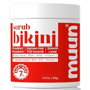 Muun Bikini Area Exfoliator, 2% Kojic Acid Vitamin C & 7% AHA/BHA Even Skin Tone & Ingrown Hair – Underarm Scrub – Radian, Smoothe & Soften Body Scrub