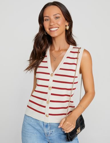 UEU Womens Striped Sweater Vest Button Up Knit Vest Tops Cropped Crochet Sleeveless Cardigan 2025 Trendy Fashion Outfits2