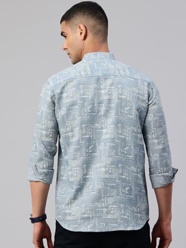 Image of Majestic Man Men's Pure Cotton Printed Mandarin Collar Regular Fit Roll-Up Sleeves Short Kurta