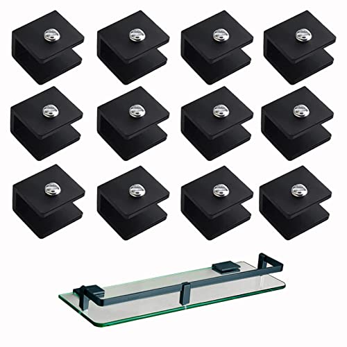 Lot de 12 Pièces de Support d’Étagère en Verre Murale Support Tablette Verre Noir, Fixation Tablette Verre Réglable en Alliage d'Aluminium, Pour Verre de 6 à 8 mm d'Épaisseur Cover