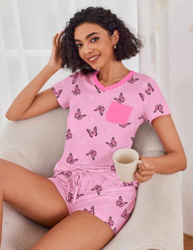 Image of Ekouaer Womens Pajama Sets Short Sleeve Pajamas for Women Sets Soft Lounge Sets Casual V Neck Sleepwear PJS