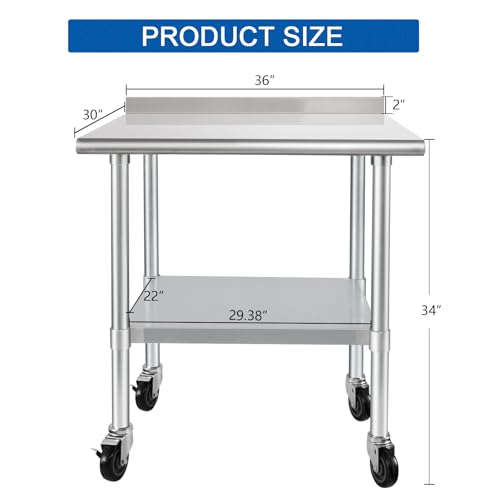 Image of HARDURA Stainless Steel Table 30 x 36 Inches with Wheels Casters NSF Heavy Duty Commercial Prep Table with 2 inch Backsplash and Adjustable Undershelf for Restaurant Kitchen Home and Hotel