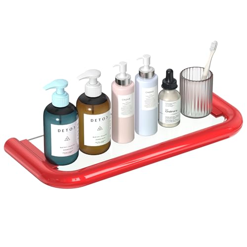 14 Inch Bathroom Shelves Wall Mount Stainless Steel Floating Shelves with Glass Shelf for Bathroom Wall Organizer,Red