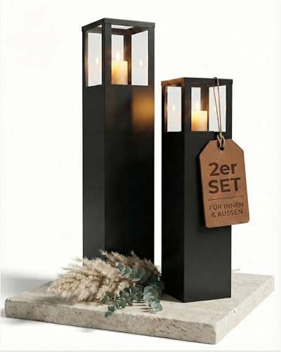 BENTSON Windlichtsäule Anthrazit Design I 2er Set I Deko-Säule für Garten im Industrial Design I Garten Windlicht für draußen und drinnen I Laterne draußen I Eckig I 95cm + 75cm