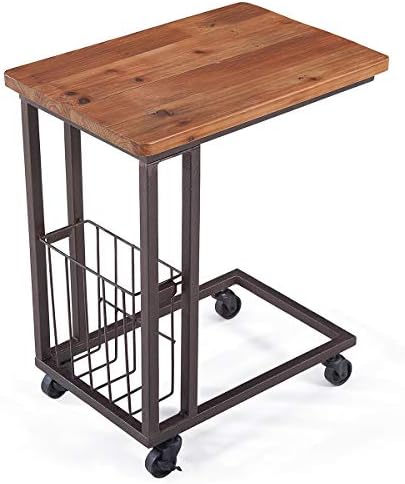 Vintage Mobile Snack End Side C Table with Storage Basket for Coffee Laptop Tablet, Slide Under Sofa Couch Bed, Rolling Casters with Brakes, Real Natural Reclaimed Wood, Rustic Brown Metal