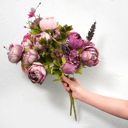 Image of FiveSeasonStuff Soft Peach Pink and Magenta Red Vintage Artificial Peonies Silk Flowers and Hydrangeas for Wedding Bridal Home Decor - Beautiful Floral Centerpiece Bouquet (Celestial Beauty)