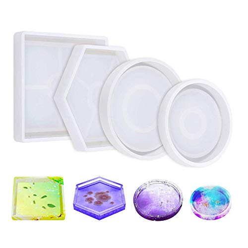 Gallity DIY Resin Molds, DIY Coaster Silicone Mold, Pack of 4 Resin Molds for Casting Eco-Friendly Sturdy Hexagon Square Round Mold Bottom Bracket for Casting with Resin,Concrete,Cement