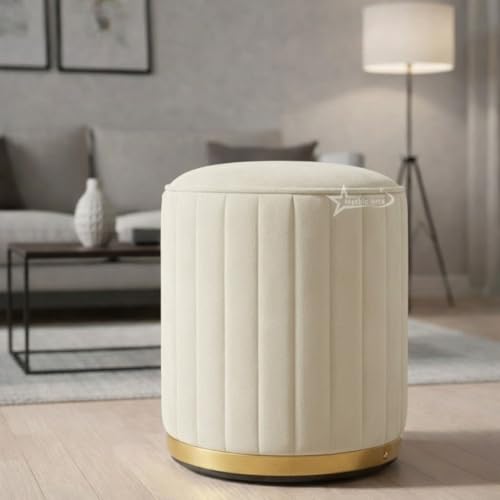 Image of Upholstered Round Linen Strip Stool Living Room Foot Rest Office Stool Pouf Ottoman Padded Seat - Cream