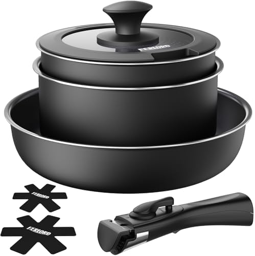 FERLORD Frying Pan Set, IH Gas Compatible, Handle Removable, Pot and Pan Set, Black, Living Alone, Cookware Set, Diamond Coated, Non-Stick, Easy to Use, Compact Storage, Felt Pad Included