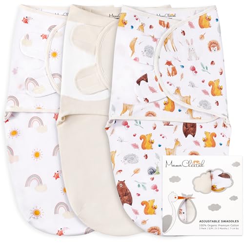 Mama Cheetah Baby-Schwaddle Sack, Organic Cotton Swaddle Blanket, verstellbare Swaddle Sleep Sacks, Easy Swaddles für Jungen Mädchen 0-3 Monate, Baby Essentials, 3 Stück