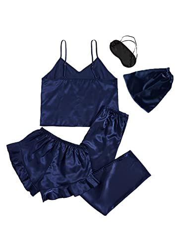 Verdusa Women's 5Pcs Pj Set Satin Nightwear Tie Front Ruffle Hem Pants Shorts Pajamas Set With Eye Mask Navy Blue S #TOP1