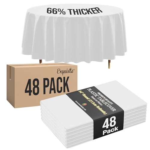 Image of Exquisite 66% Thicker Premium White Round Tablecloths Plastic Table Cloth Disposable 48 Pack 84 inch Round Table Cloth Disposable White Tablecloths Won't Tear Easily Like Cheap Thin Brands | Plastic Tablecloth, Disposable Table Covers Round for Parties, Weddings, Holidays & Party Supplies