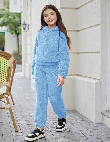 Image of Arshiner Girls 2 Piece Outfits Sweatsuit Fuzzy Long Sleeve Bear Ear Hoodie Sweatshirt and Sweatpant Kids Clothing Sets