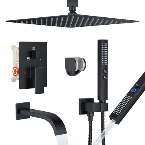FAROLAN Shower System with Tub Spout, Ceiling Mounted Bathtub Shower Faucet Set, 12" Rainfall Shower Head and Handheld Shower Combo, High Pressure Shower Fixtures Set with Rough-in Valve, Matte Black by FAROLAN - Used condition - US$139.99