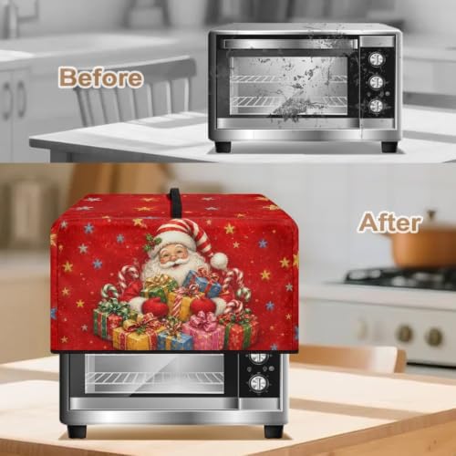 Image of Microwave Oven Dustproof Cover Christmas Theme Convection Oven Cover Protector Compatible with Various Small Kitchen Appliances, L, Vintage Santa Claus Print Red