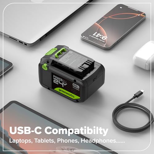 Image of Greenworks 24V 8.0Ah PowerAll Lithium-Ion High-Power Battery (Genuine Battery / 150+ Compatible Tools) with 100-Watt Bi-Directional USB-C Charger for iPhone 16, iPad, Galaxy, Pixel and More