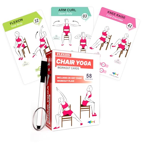 Flexies Chair Yoga Workout Cards – 58 Seated Exercise Cards for Strength, Flexibility & Weight Loss | Includes Postures, Instructions & Breathing Tips | Free Ring & Dry-Erase Marker to Customize 28 Day Chair Workout Chart