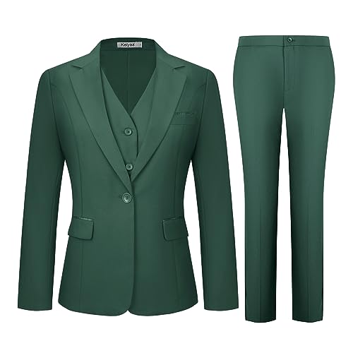 Kelyaa Women's 3 Piece Suit Lady Business Casual Office One Button Notched Lapel Slim Fit Blazer Jacket Vest Pants Set Dark Green