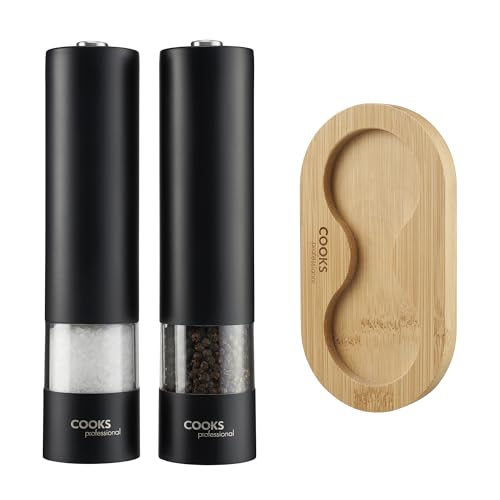Cooks Professional Electric Salt and Pepper Mill Set with Bamboo Base | Battery Operated Automatic Grinders with Adjustable Grinding & One Touch Operation | Condiment Grinder & Stand | Black