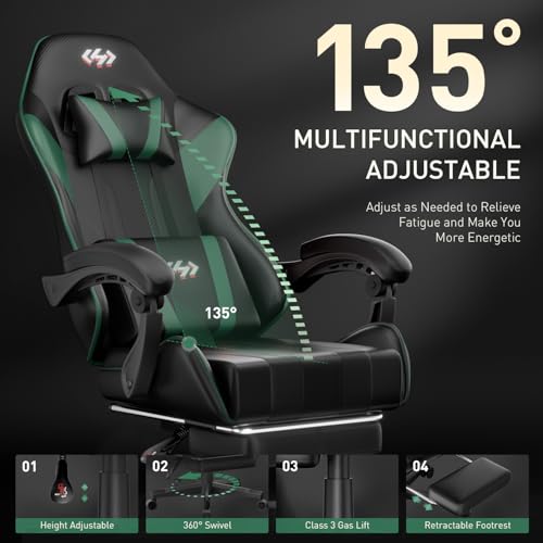 HLDIRECT Gaming Chair with Pocket Spring Cushion, Video Game Chair, Gaming Computer Chair, Ergonomic Chairs with Headrest and Lumbar Support for Adults, Swivel PU Leather Office Chair, Black & Green - Image 6