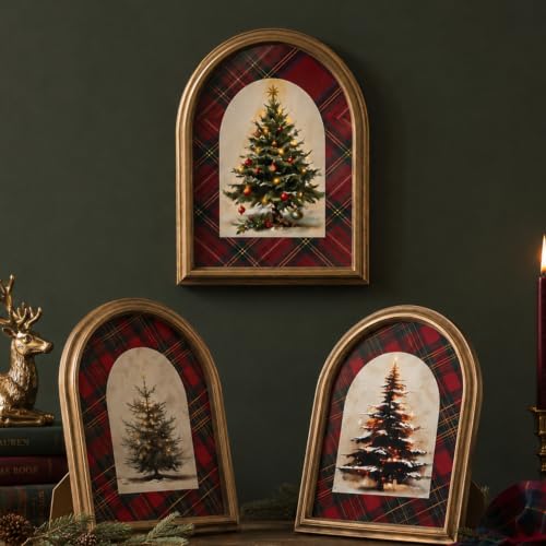 RattanView 3 Pcs Vintage Framed Christmas Wall Art Decor 8x10″, Light Tree