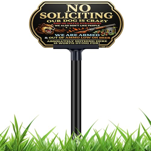 Image of Funny No Soliciting Sign for house with Stake, 10 x 5 Inch Aluminum, Weatherproof UV Printed Outdoor Sign for Yard Fence Wall Lawn Home