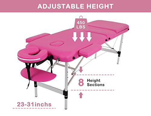 Massage Tables Portable Lash Bed 73 inch Aluminium Tattoo Table Height Adjustable Portable Spa Bed 3 Folding Chiropractic Table w/Carry Case/Face Cradle/Hand Pallet for Travel Physical Therapist
