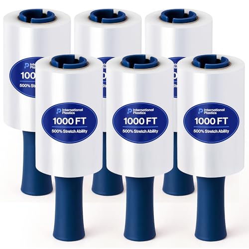 Image of International Plastics Co. 6 Pack of 5 inch Plastic Stretch Film Wrap with Rotating Handles 1000 feet Each 500% Stretch Ability