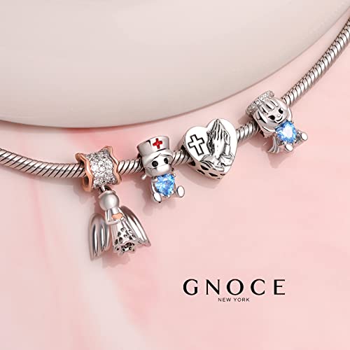 Image of GNOCE Embraces Heart Gemstone Bead Charms 925 Sterling Silver Wolf Fox Bear Husky Hedgehog Astronaut Chihuahua Dinosaur Rabbit Koala Axolotl Angel Tiger Dog Unicorn Cat Jewelry Gift for Women