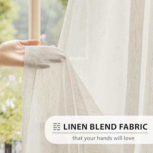 Image of FMFUNCTEX Linen Sheer Pinch Pleated Curtains for Living Room, Linen Flax Beige 108 Inches Long Sheer Curtain See Through Panels for Bedroom, Natural Window Drapes for Farmhouse, Rod Pocket 2 Panels