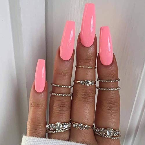 Vaveah 48 Pcs Press on Nails Coffin Fake Nails Glossy Glue on Nails Shiny False Nails for Women (Fluorescent Green&Pink)