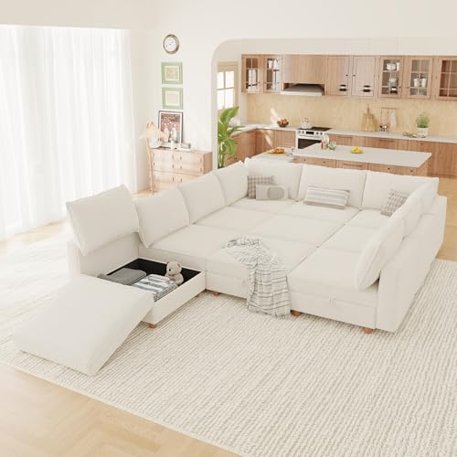Image of 99 inch Modular Sectional Sleeper Sofa Bed with Storage & Washable Covers, 10-Seater Chenille Modular Sofa Bed with Movable Ottoman Chaise, Convertible Sleeper Sectional Couches for Living Room, Beige